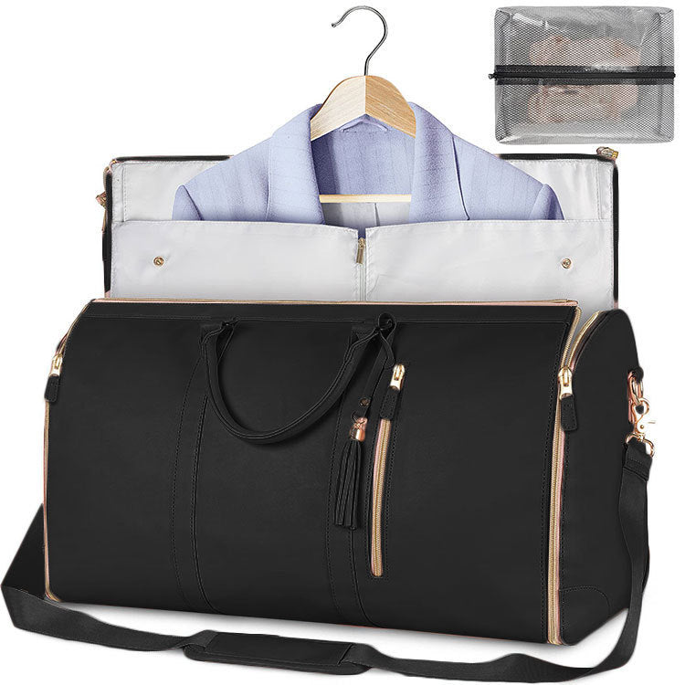 Black travel bag with a white interior, showing a shirt and a clear pouch on a white background.