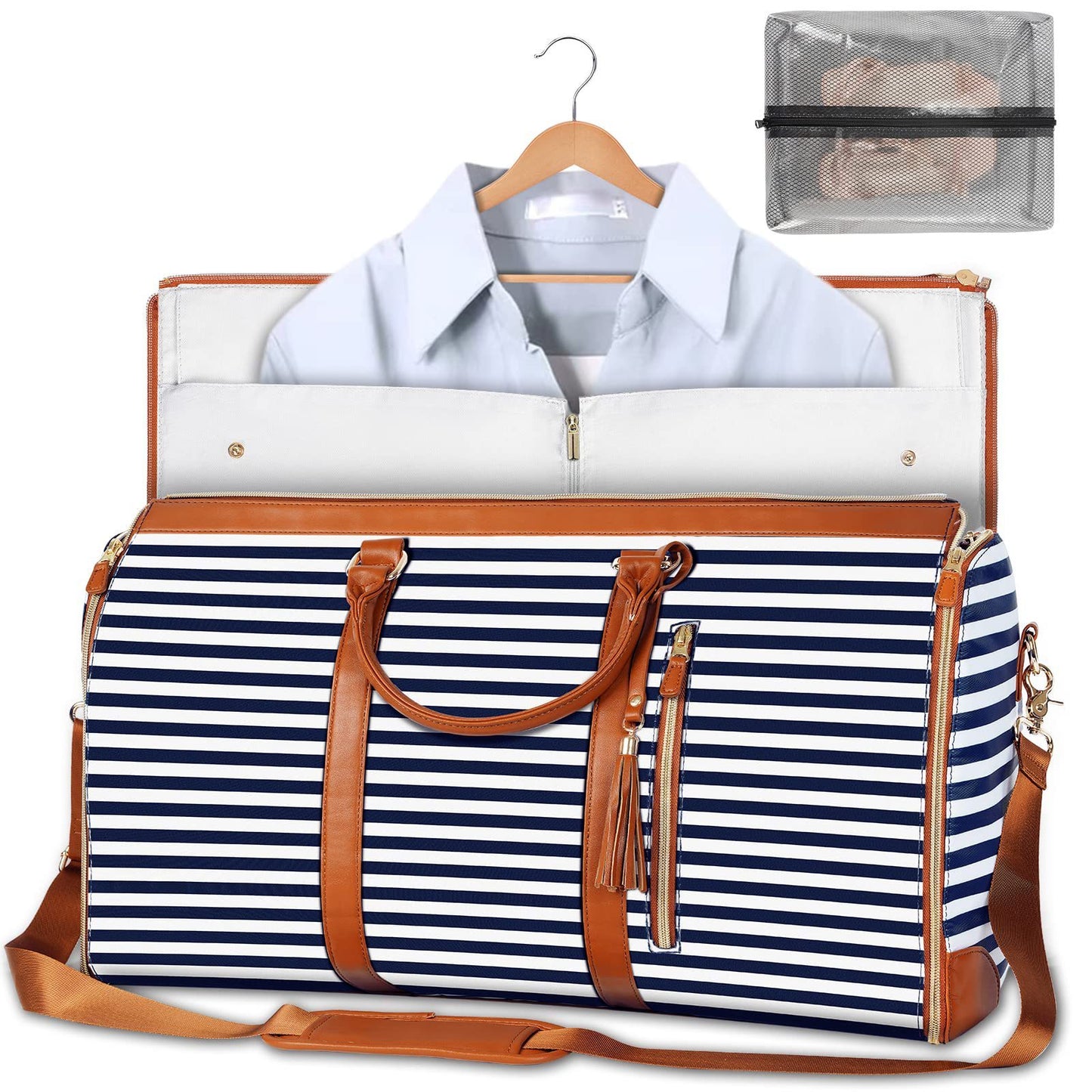 Navy and white striped duffel bag with brown leather straps, a shirt on a hanger, and a clear packing cube.
